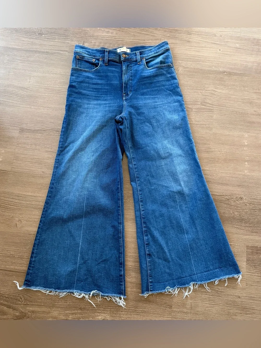 Madewell Flared Wide Leg High Rise Jeans Blue Raw Hem Size 30
